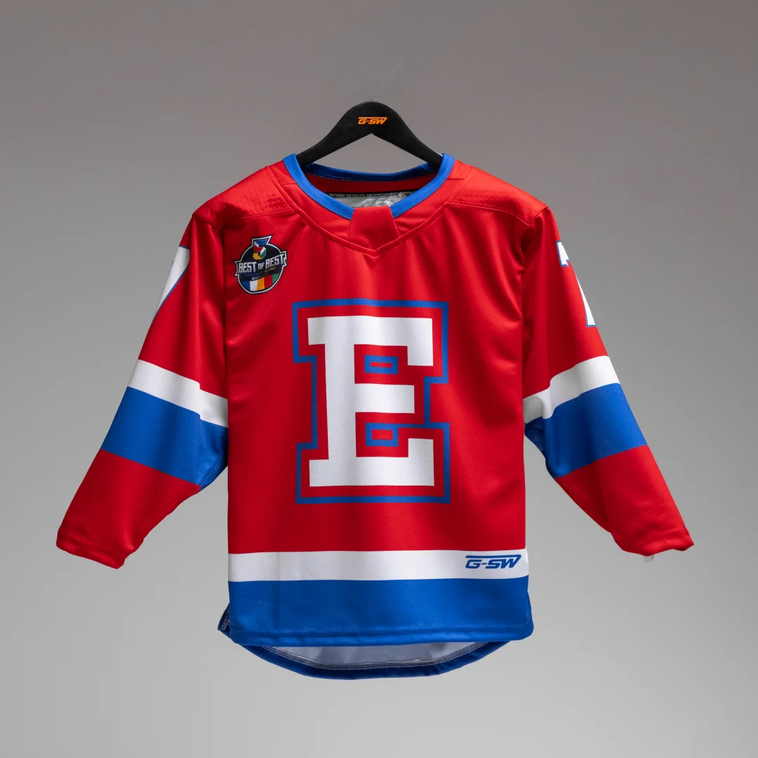Custom sublimated hockey jersey with team colors and lettering